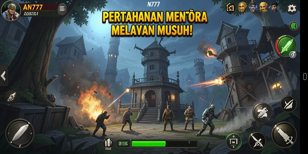 Screenshot utama AN777 menampilkan aksi seru dalam gameplay Tower Defense.