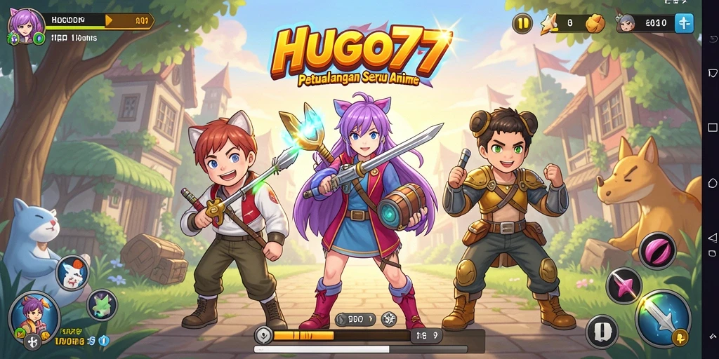 Tampilan gameplay HUGO77 yang memukau dan penuh aksi dalam dunia anime.
