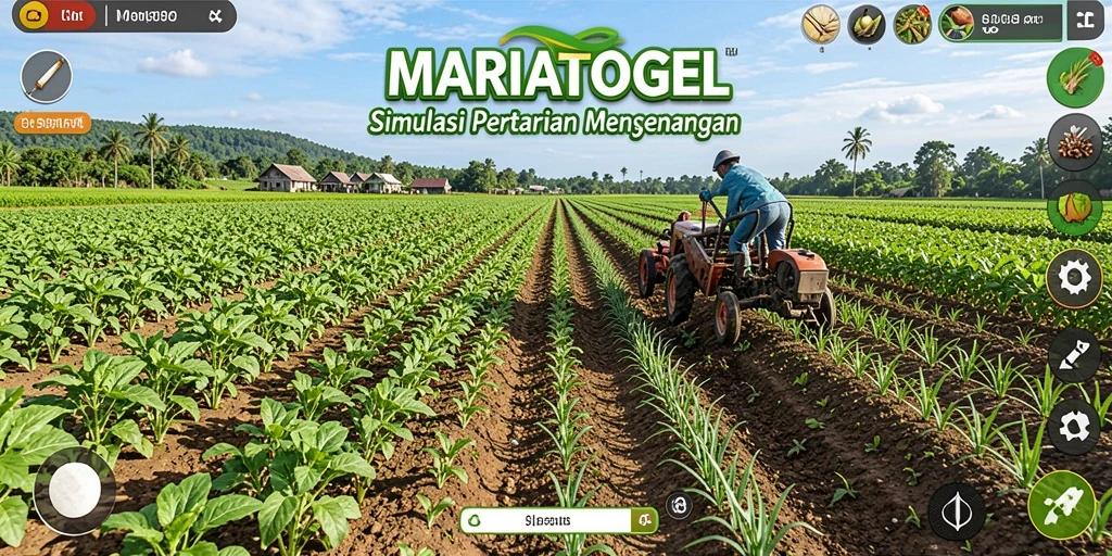 Screenshot gameplay MARIATOGEL menampilkan lahan pertanian yang subur dan aktif.