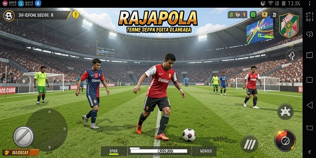 Screenshot utama RAJAPOLA menampilkan aksi seru di lapangan sepak bola.
