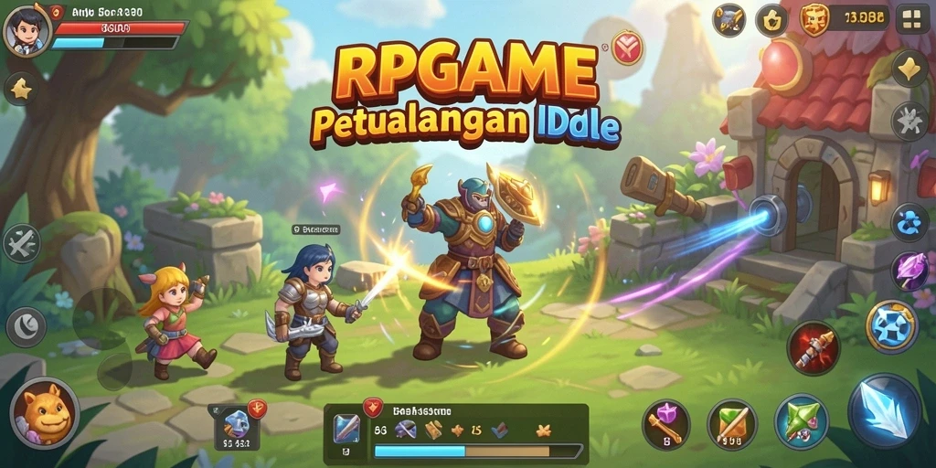 Tampilan menarik dari gameplay RPGAME dengan karakter yang bertarung dalam mode Idle.